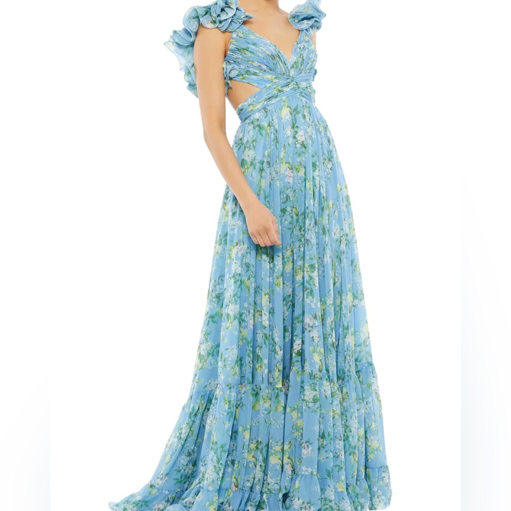 Mac Duggal Ruffle Tiered Floral Cut-Out Chiffon Gown